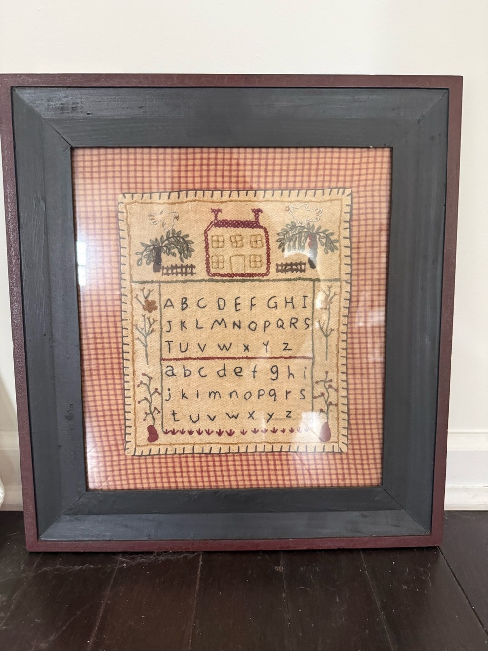 Framed Cross-Stitch Alphabet Sampler with House Motif - Red/Black Frame